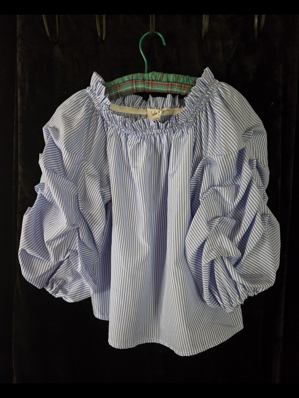 Striped Blue Puff-Sleeve Off-Shoulder Blouse